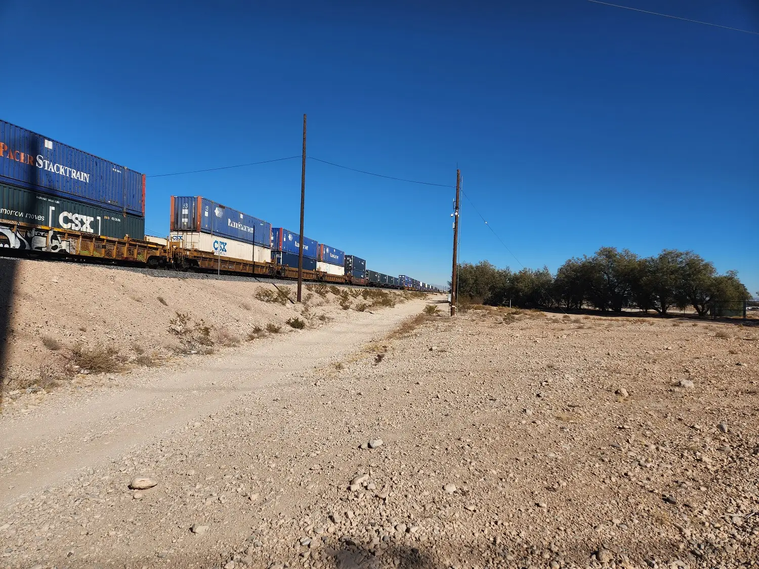 Train tracks that run through southwest Las Vegas and an access trail for them.