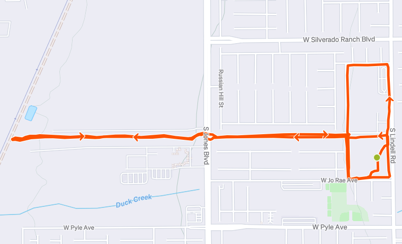 Map of a 5k running route starting at Battle Born Park in Las Vegas, NV