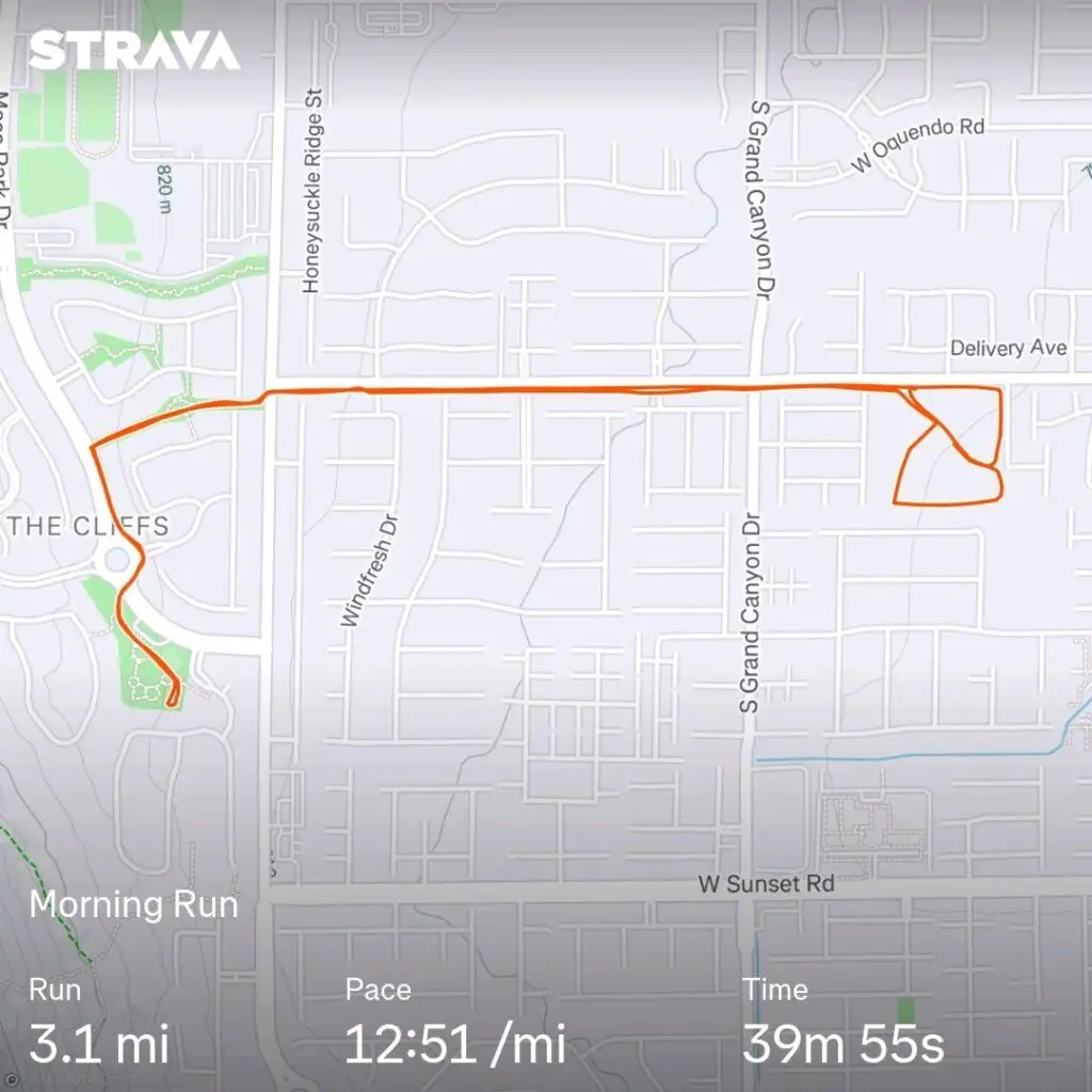 5K running route for 89148 or 89178 connecting Lloyd Memorial Park and Oak Leaf Park.