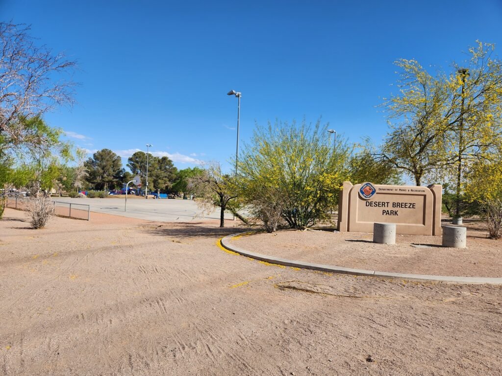 Northwest corner of Desert Breeze Park with a stone sign. Desert Breeze Park 5k is really easy.